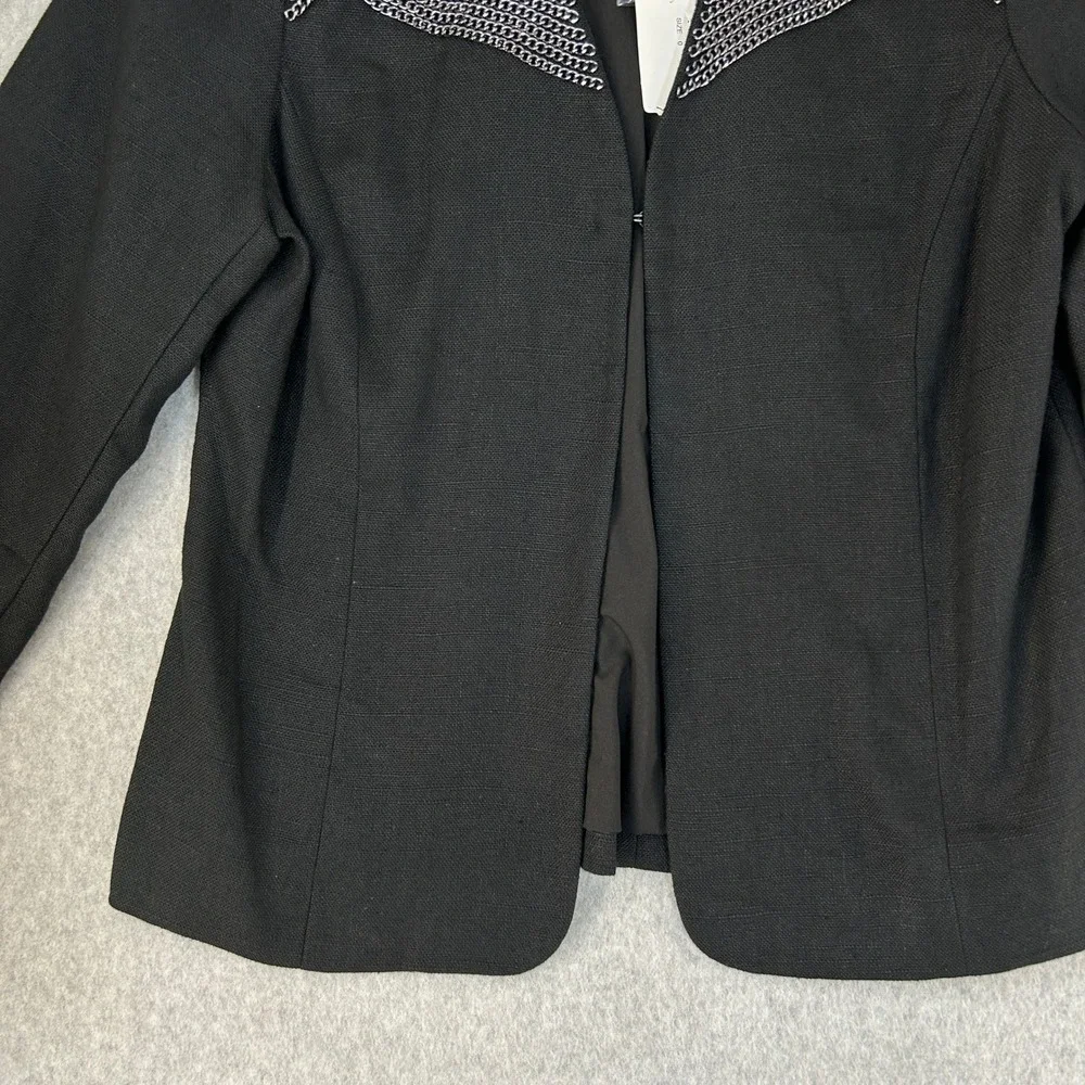 Chicos Chained Galloway 3/4 Jacket Black Linen Blend Silver Chain Size 0 / S NWT